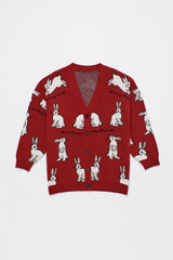 INTARSIA RABBIT KNIT CARDIGAN RED