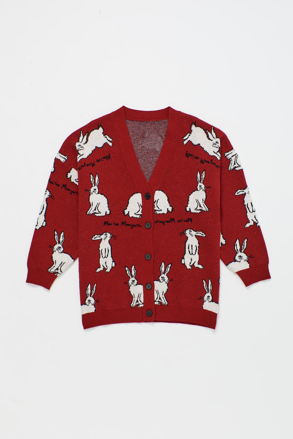 INTARSIA RABBIT KNIT CARDIGAN RED