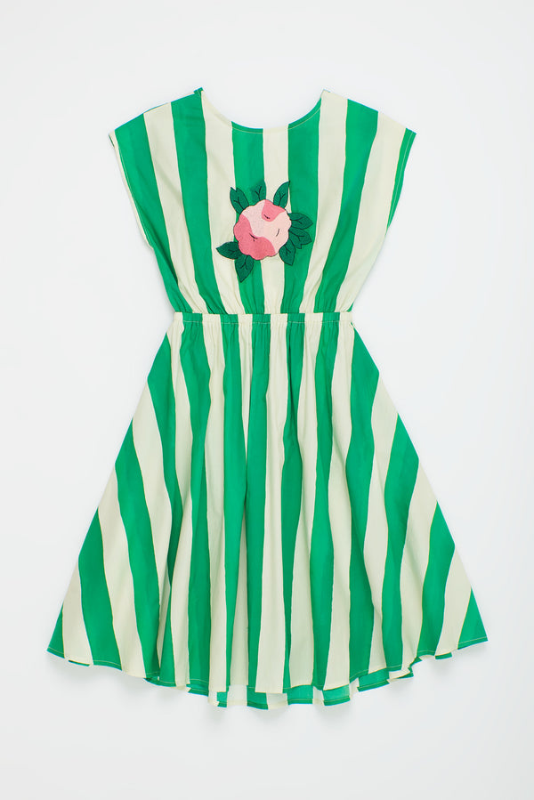 FLOWER STRIPES DRESS WHITE/GREEN