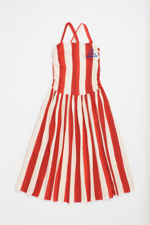 WRINKLE STRIPES DRESS WHITE/RED