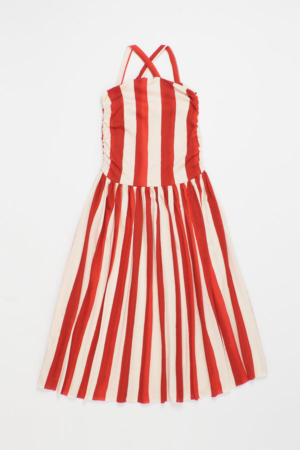 WRINKLE STRIPES DRESS WHITE/RED